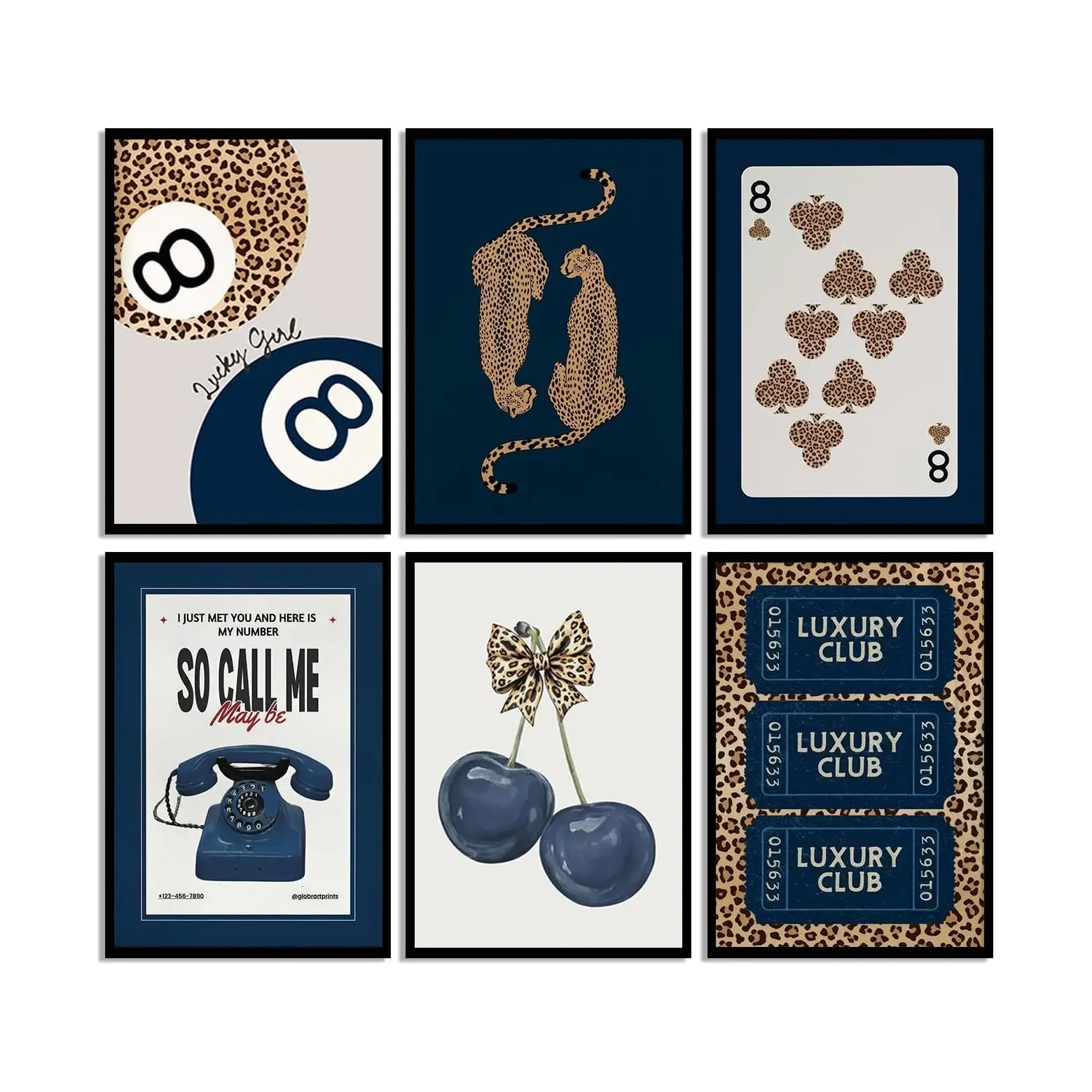 6pcs/set Frameless blue No. 8 Ball & Leopard Print Animal Canvas Print Cherry Playing Card Artistic Unique Design Art Work for Wall Decor Wall Art Poster Wall Decor Pictures for Modern Home Decor Decoration