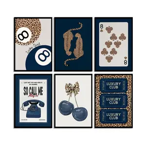 6pcs/set Frameless blue No. 8 Ball & Leopard Print Animal Canvas Print Cherry Playing Card Artistic Unique Design Wall Art Poster for Modern Home Decor Decoration