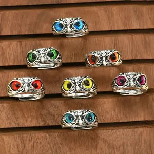 New Vintage Owl Rings For Women Men Design Multicolor Cat Eye Finger Rings Silver Color Adjustable Opening Animal Couple Jewelry