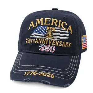 Pulala America 250th Anniversary Commemorative Baseball Cap 1776-2026 USA Patriotic Hat Distressed Vintage Washed Cotton with American Flag Patch, Anniversary Snapback, Custom Embroidered Hat
