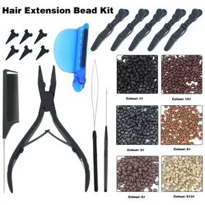 Hair Extension Tool Kit, Silicone Micro Beads, Stainless Steel Beads Plier, Metal Bead Threader, Needle Pulling Hook, Girls Cosplay Party