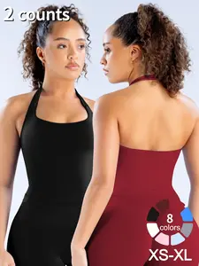 2Pcs Women's Yoga Halter Neck Tank Top with Removable Pads, Three-Layer Seamless Backless Tank Tops Casual Solid Color Soft All Seasons Wear Athletic Yoga Tops