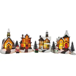 11 PCS Lighted Christmas Village Sets Houses Figurines Xmas Theme Gift For Home Decoration And Collectibles