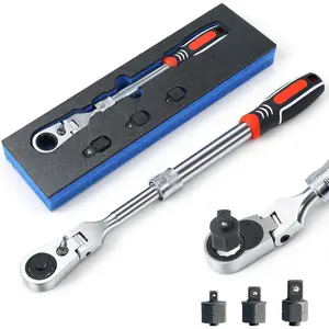 Extendable Ratchet Wrench Set, 72-Tooth Long Socket Wrench Ratchet with 1/4" 3/8" 1/2" Socket Drive Adapat, 180 °   Flex-Head Ratcheting Set with Soft Grip Handle for Men Mechanic Hand Tools