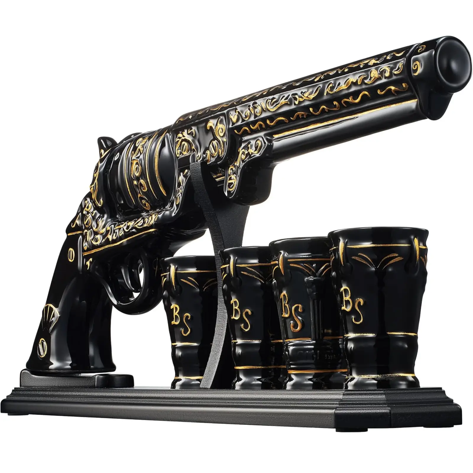 Gifts for Men Dad Hand Painted Pistol Gun Whiskey Decanter Set & Shot Glass - Black & Gold & 4 Bullet Shots - Unique Birthday Birth Day - Gift for Brother, Cool Anniversary Present Him Husband