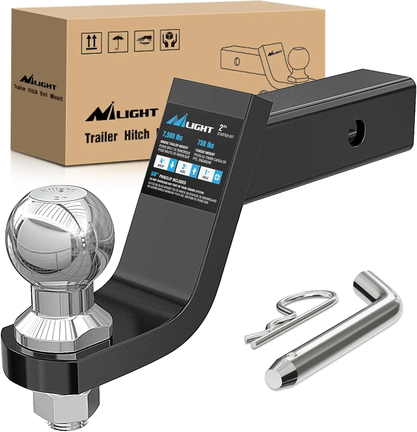 Nilight Trailer Hitch Ball Mount Kit - 2-in Receiver Fit, 2-in Ball, 5/8-in Pin Clip, 7500 lbs Weight Capacity, 4-in Drop, 3-in Rise, Corrosion-Resistant Towing Accessory for Automotive, Campers, 3 Inches Rise