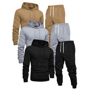 quality 3-Pack Men'S Casual Hoodie and Sweatpants Set, Solid Color, Long Sleeve Pullover Pocket, Knit Polyester, Slight Stretch, Regular Fit, Elastic Waist with Drawstring, Ribbed Cuff Pants -/Fall Athletic Outfit Clothing Tops