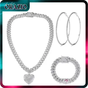 ORAZIO Cuban Link Chain Jewelry Set Cuban Chain Necklace Cuban Link Bracelet Rhinestone Hoop Earrings Gold/Silver Iced Out Chain Heart CZ Clear Cuban Link Chain Big Circle Earrings Hip Hop Cuban Link Chain For Women