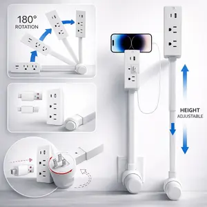 Adjustable Wall Outlet Extender with USB-C & USB-A Ports, 4-in-1 Power Socket Expander with 2 AC Outlets + Phone Holder & 180° Rotating Base, Tool-Free Setup for Home, Dorm & Office
