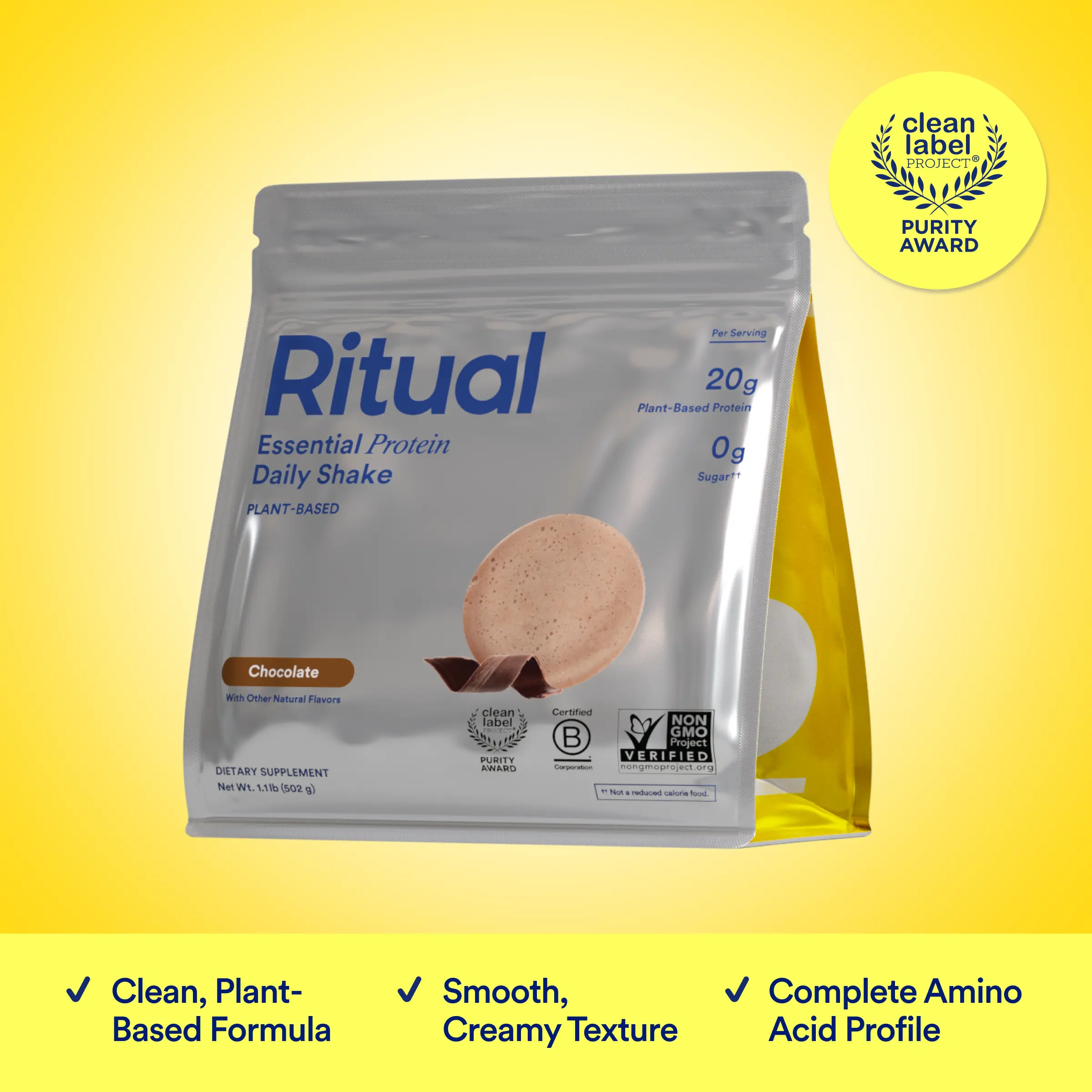 Ritual Vegan Protein Powder - 20g Pea Protein with BCAA Complete Amino Acid Profile - Supports Lean Muscle* - Plant-Based Protein - Tested for Heavy Metals - Sugar-Free** - Non-GMO - Chocolate - 1 Lbs Fitness Endurance Supplement