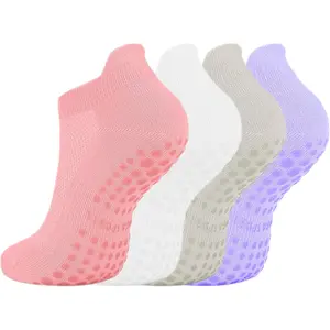 4 Pairs Yoga Socks with Grips for Women – Non Slip Pilates Barre Socks for Studio Home Workout Dance Breathable Unisex Ankle Socks