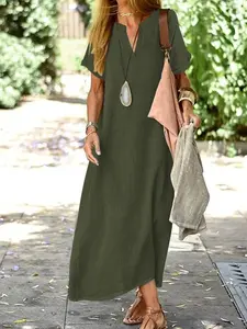 Women's Plain Solid V-Neck Short Sleeve Dress, Simple Minimalist Long Dress for Women, Fitted Casual Fashion, Perfect for Daily Wear, Summer Womenswear