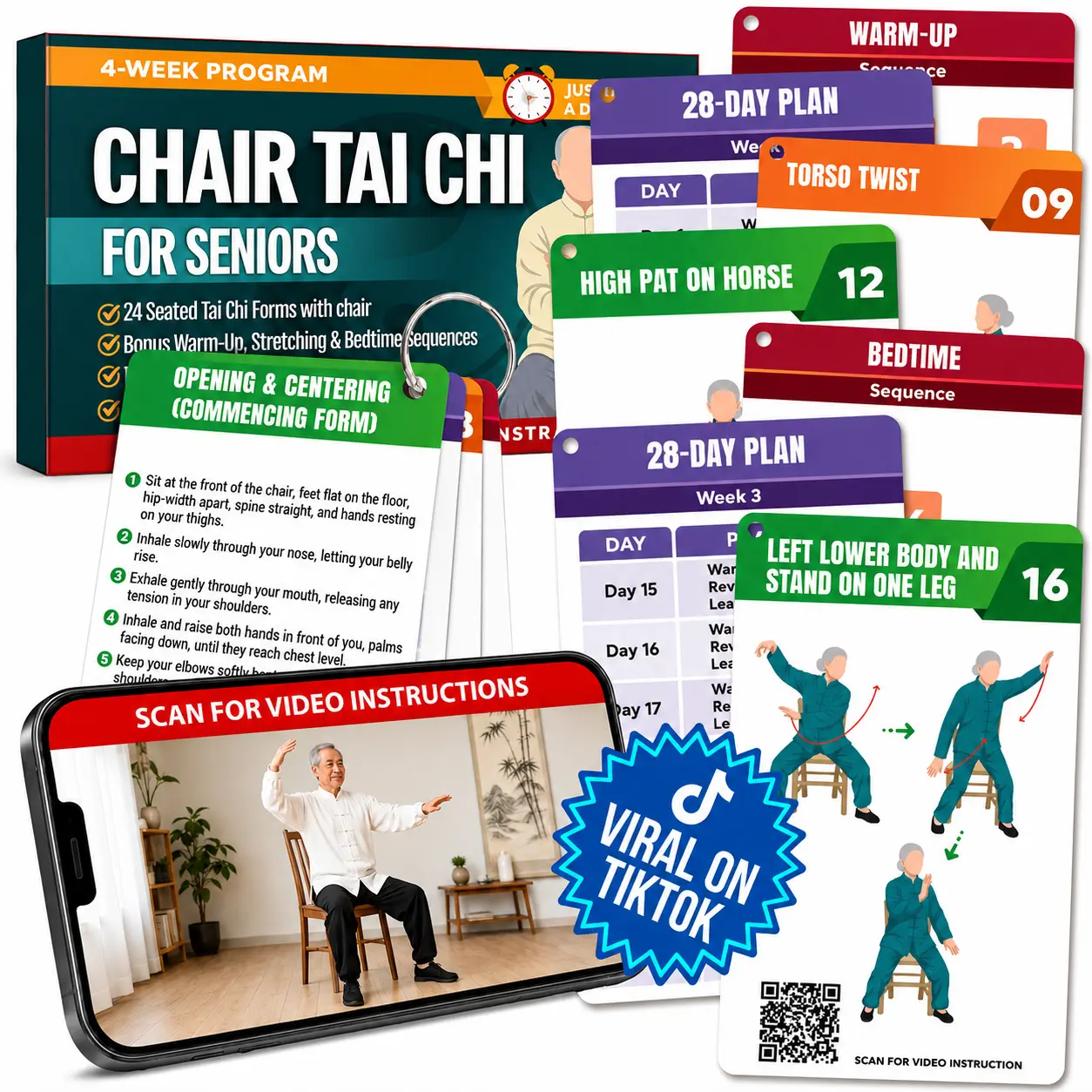 Chair Tai Chi for Seniors Over 60 — Safe & Easy 10-Minute Seated Flows with 46+ Illustrated Exercise Cards, Video Tutorials & 28-Day Plan to Stay Active and Feel Confident