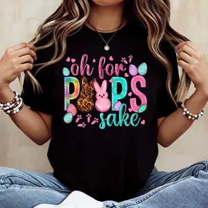 Easter Bunny Cotton T Shirt Women's Casual Round Neck Short Sleeve Summer Top Comfortable Machine Washable Made in USA Fun Holiday Graphic Tee