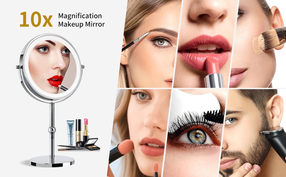 Makeup Mirror 2000mAh Rechargeable Double-Sided Magnifying Vanity Mirror with  1X/10X 360° Rotation Adjustable Brightness Gifts for Mom Women Wife Girls Dorm Room Essential