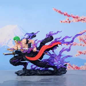 One Piece Roronoa Zoro Figure, Enma Haki Battle Scene, Purple Flame Effect Statue, Anime Model Decor，Drift Rock Base, Desktop Decor Figurine