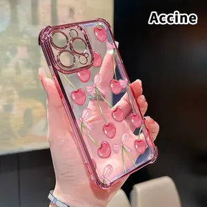 Four Corner Anti-Fall Cherry Bows Pattern Phone Case for iPhone 17 16 Pro Max 15 Plus 14 13 12 11 Ari E Shockproof Transparent Electroplated Protective Cover Protection Cellphone Casing