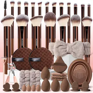 48Pcs Premium Brown Cosmetic Makeup Brush & Tool Kit, Complete Professional Set with Foundation Brushes, Makeup Sponges, Makeup Puffs, Eye Makeup Tools, Cleaning Sponge, Headband & Wristbands, Makeup Brush Full Set, Perfect Gift for Lovers and Moms