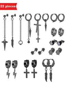Men's Street Style Stainless Steel High Quality Earrings Set, Fashion Cross & Feather Design Statement Earrings, Trendy All-match & Exquisite Jewelry for Birthday Gift