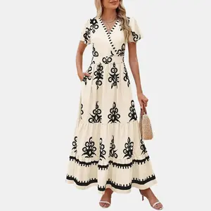 PrettyGarden Women's Summer Casual V Neck Boho Maxi Dress Flowy Aline Bell Sleeve Tiered Floral Dresses with Pocket Comfort Bohemian Womenswear V-Neck Short Sleeve