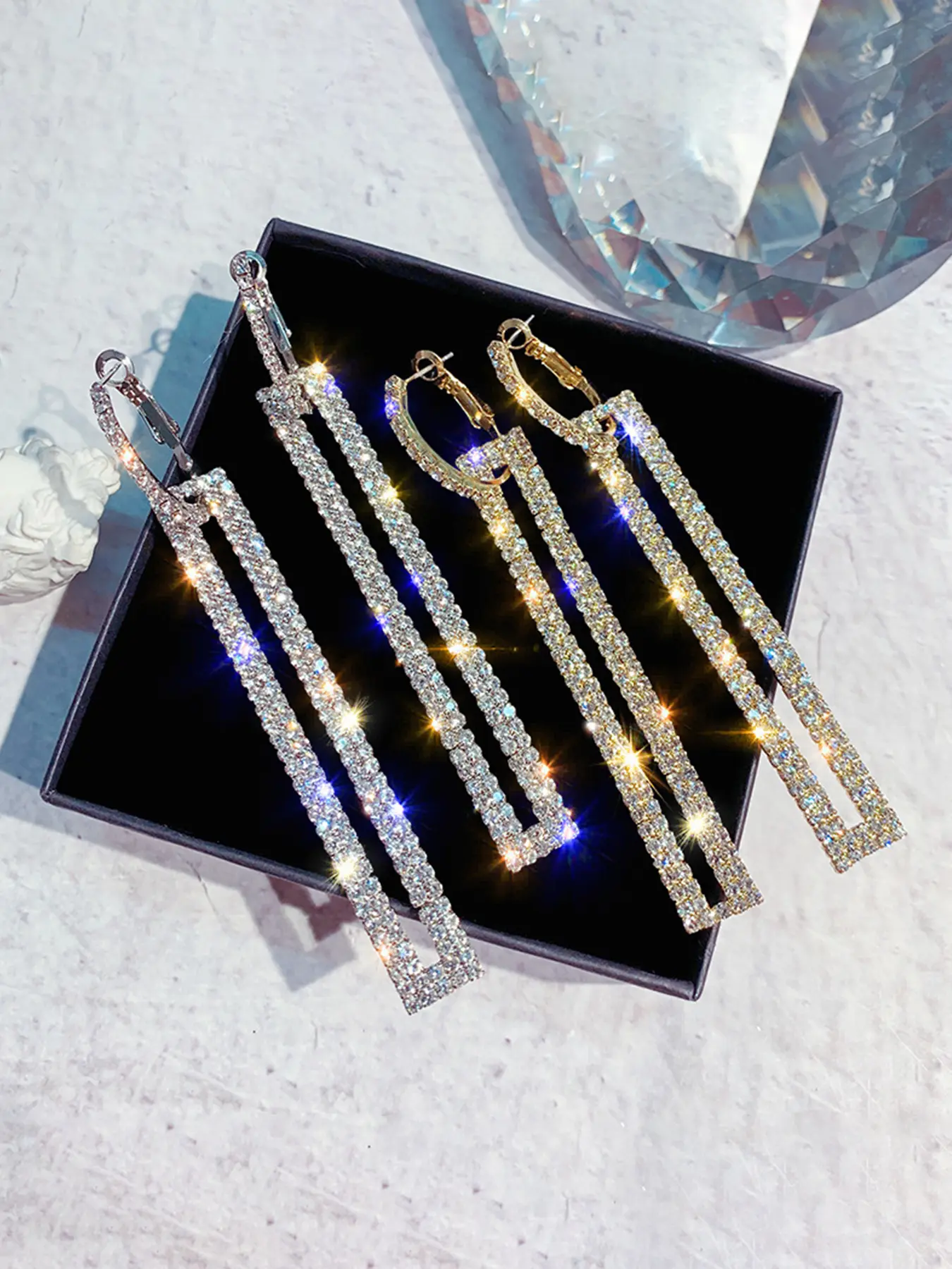 Luxury Rhinestone Decorated Bling Claw Chain Long Rectangle Earrings for Women, Elegant Party Jewelry Gift, Fashionable Ladies' Accessories, High Quality Earrings, Sparkling Ear Jewelry