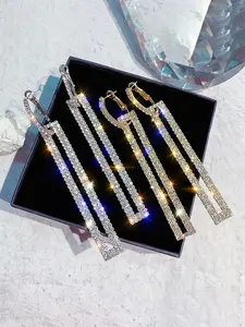 Luxury Rhinestone Claw Chain Long Rectangle Earrings for Women, Elegant Party Jewelry Gift, Fashionable Ladies' Accessories