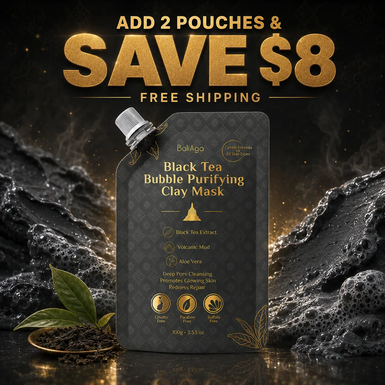 BaliAga Black Tea Bubble Purifying Clay Mask, Deep Pore Cleansing Face Mask with Volcanic Mud, Aloe Vera & Centella, Helps Remove Excess Oil, Refresh Dull Skin & Promote Glowing Skin, 100g
