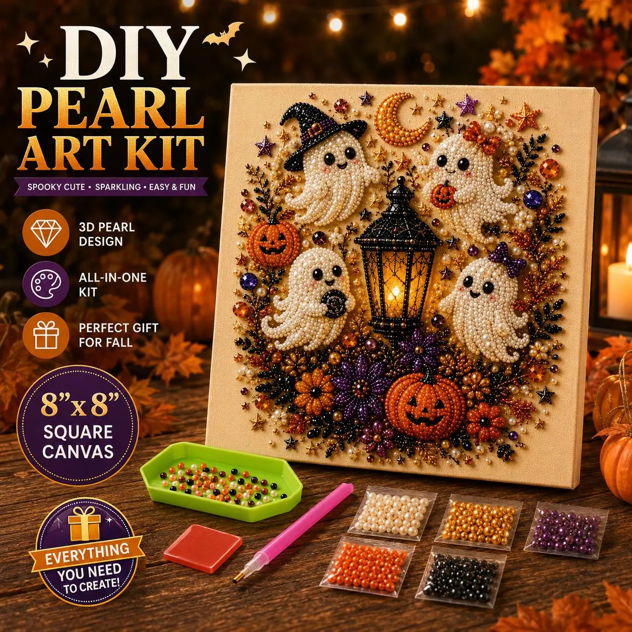 DIY Spooky Cute Ghost 8inx8in Themed Pearl 3D Diamond Painting DIY Kit, Multipurpose Fall Season Handicraft Set, Beautiful Wall Art Furnishing Accessory for Household Indoor Decoration & Holiday Party Present