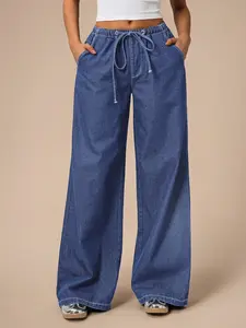 Women's Loose Fit Basic Drawstring Waist Adjustable High Waisted Denim Wide Leg Pants, Womenswear Trouser, Casual Streetwear Graphic Design, All Season Wear, Comfortable and Stylish Jeans