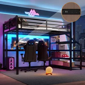 Full Loft Bed with Desk and Storage Stairs, Metal Loft Beds with LED Lights, USB Ports, Multifunctional Iron Nets, No Spring Box Needed and Noise-free, Black