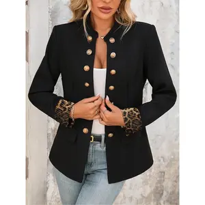 Gold Button Leopard Sequined Blazer Jacket, Vintage Style Fitted Cut, Perfect for Daily Parties & Gatherings