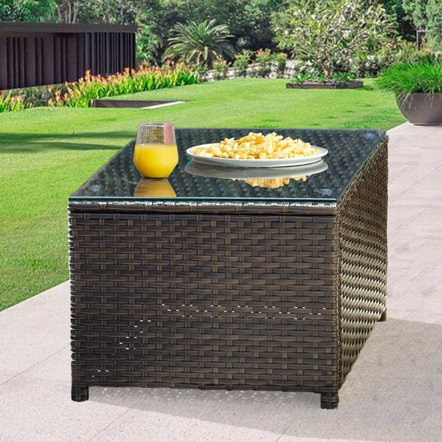 【Summerfinds】Ovios Outdoor Wicker Patio Side Table with Tempered Glass Top, Brown Rattan End Table for Backyard, Patio, Porch, Deck, Garden & Balcony
