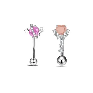 HERVAY 16G/8MM Stainless Steel Eyebrow Lips Ear Nose Ring Pink White Crystal Heart Planet Studs Unisex Piercing Jewelry