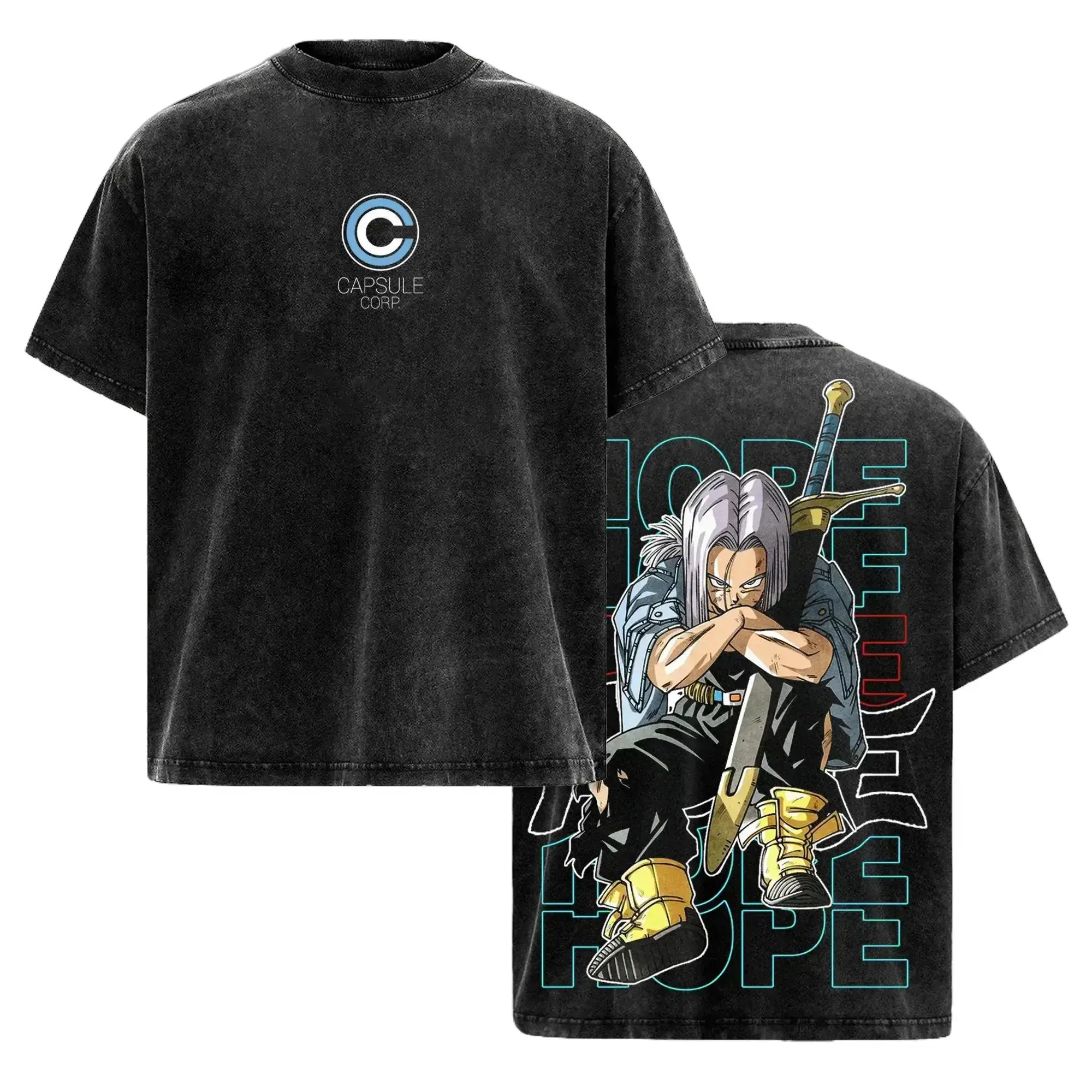 Future Trunks Vintage Washed Graphic Tee Unisex DBZ Capsule Corp Streetwear Anime T Shirt Saiyan Warrior Apparel Gift for Dragon Ball Fans Oversized Acid Wash Cotton Y2K Clothing Trendy Japanese Manga Merch For Men Women Casual Wear Cosplay Shirts