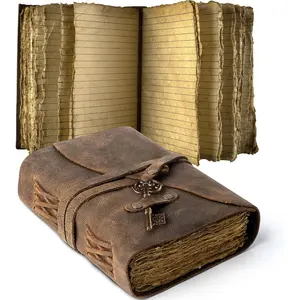 Vintage Handmade Leather Bound Journal with Lined Pages and Key, Antique Deckle Edge Vintage Paper, for Sketch Drawing, Book of Shadows, Great Gift