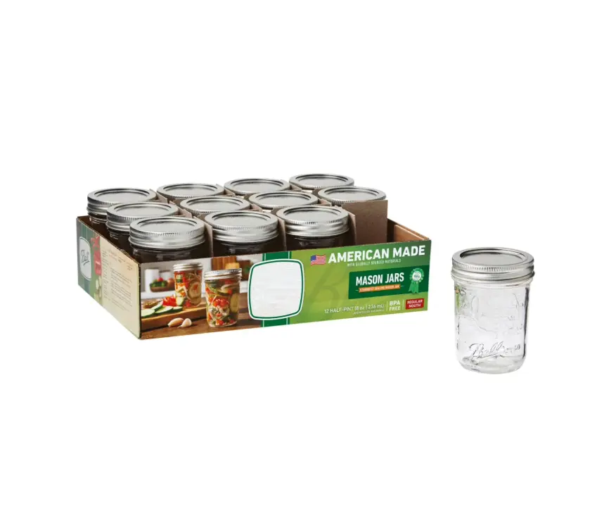 Reusable 8-Ounce Glass Mason Jars with Secure-Fit Metal Lids and Bands for Household Storage and Crafting 12 Pieces Set