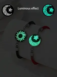 2 Pcs Glow In Dark Sun Moon Couple Bracelets Red Black Rope Bracelet Set For Lovers Valentines Day Gift Fashionable Couple Bracelet