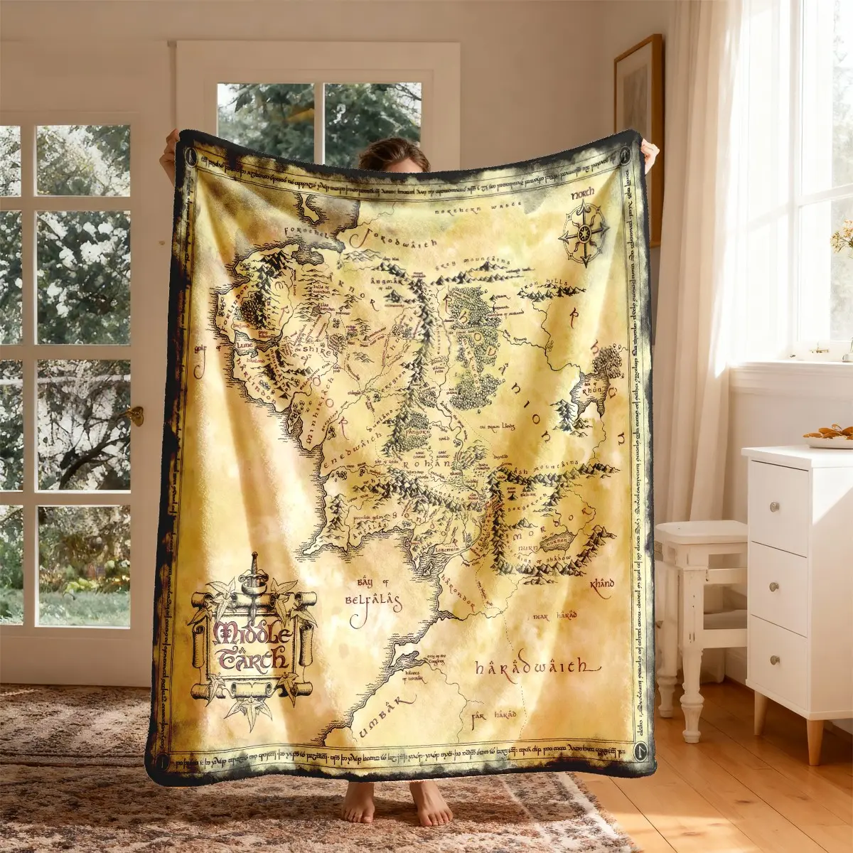 Lord of the Rings Middle Earth Vintage Map Flannel Blanket, Soft Cozy Blanket, Large Soft Lightweight Warm, Perfect for Bed Sofa Office Camping Travel Gift, Soft Flannel Throw, Cozy Throw Blankets, Blanket for Couch, Decorative Sofa Blanket