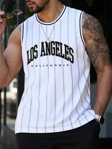 Men's Letter Graphic Striped Trim Basketball Jersey, Regular Fit Casual Sleeveless V Neck Basketball Vest, Men's Summer Clothes for Training Competition, Sports Top, Gym Workout Tops