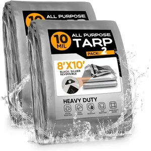 2 Pack Heavy Duty 8x10ft 10mil Thick Waterproof Poly Tarps with Grommets, Reinforced Edges, All-Purpose Cover for Firewood, Roof