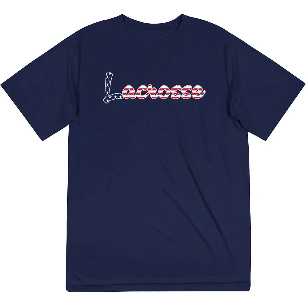 Men's Athletic Lacrosse T-Shirt - Short Sleeve Performance Top with Bold Script, Stars & Stripes Graphic, Round Neck, Breathable Moisture-Wick Lightweight Fabric for Training