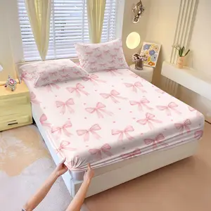 Light-colored and multi-shaped pink bow-knot printed fitted Sheet Set, Bed Sheets Set, Soft Bedding Sheet, 1 Fitted Sheet & 2 Pillowcases without Filler, Instagram princess style, soft and comfortable, Bed Sheet Sets, good gift for friend or children