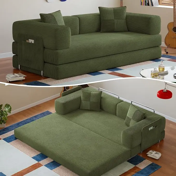 78.8" Corduroy Convertible Futon Sofa Bed Furniture, No-Assembly Boneless Couch with Storage Pocket for Living Room, Green,dorm essentials,home decor