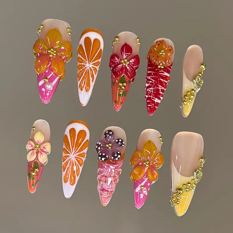 NailVesta CITRUS DAISY – 100% Handcrafted 3D Press-On Nails | Reusable, Long-Lasting, Salon-Quality black lace nail art nail art Handmade Gel Nails Press On Nails No Glue Needed Handmade Gel Nails