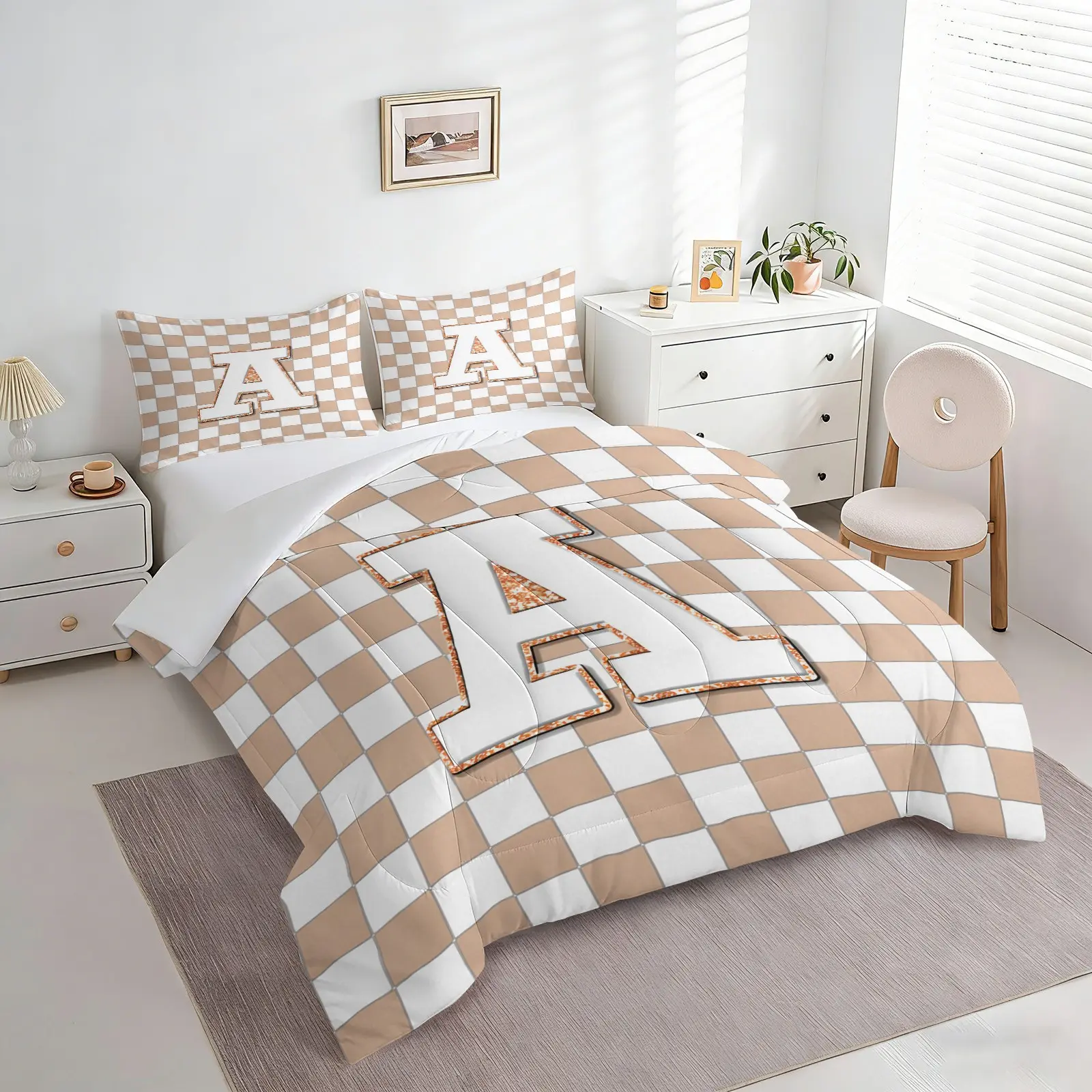 2/3pcs Preppy Beige Checkerboard Letter Comforter Set, All Season Soft Quilt Bedspread, Aesthetic Neutral Checkered Bedding Set With Pillowcase, For Teens Adults Bedroom Dorm Apartment Guest Room Home Decor
