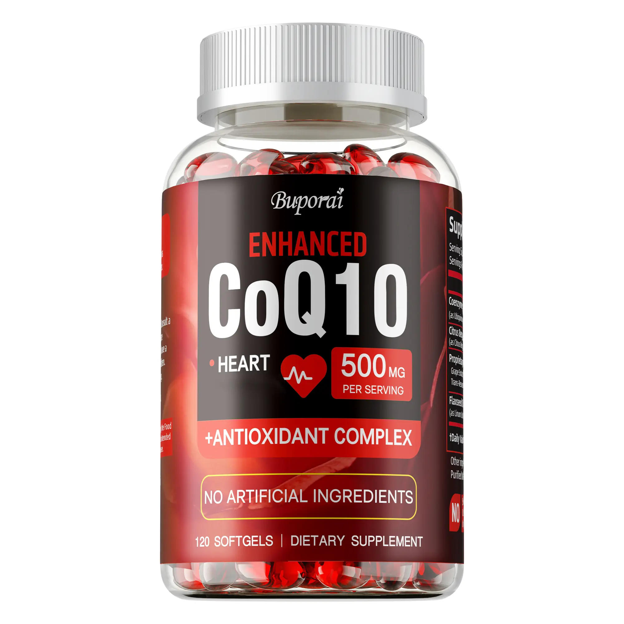 Buporai Edible Coenzyme Q10 Soft Gel Supplements for Adults - 120 Capsules with Antioxidant Supplement, Bergamot, Flaxseed Oil for Heart Boost Support