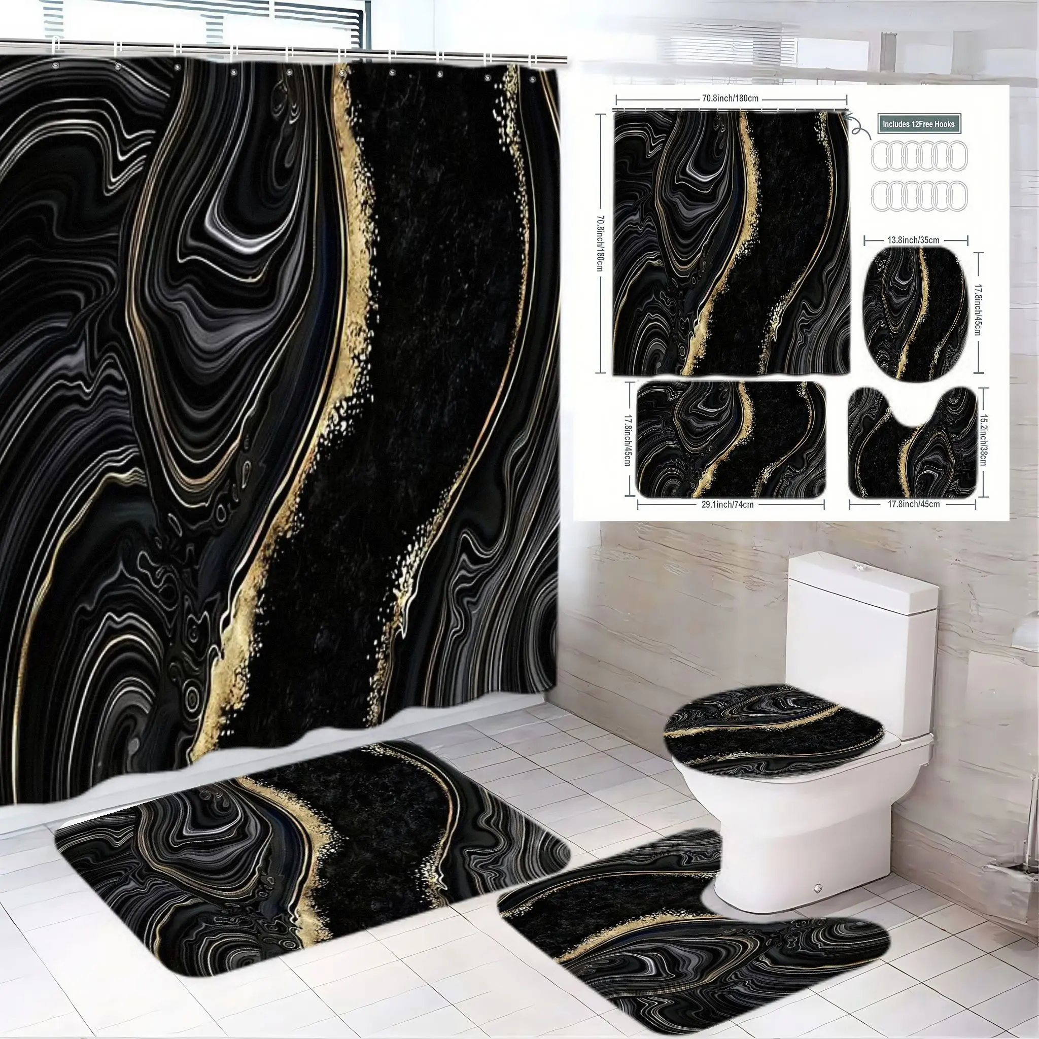 4pcs Elegant and Gold Bathroom Decor Set, Fluid Marble Shower Curtain, Matching Bath Mats & Toilet Seat Cover, The floor mat fabric is thicker and softer! Perfect for Holiday Refresh and Seasonal Style