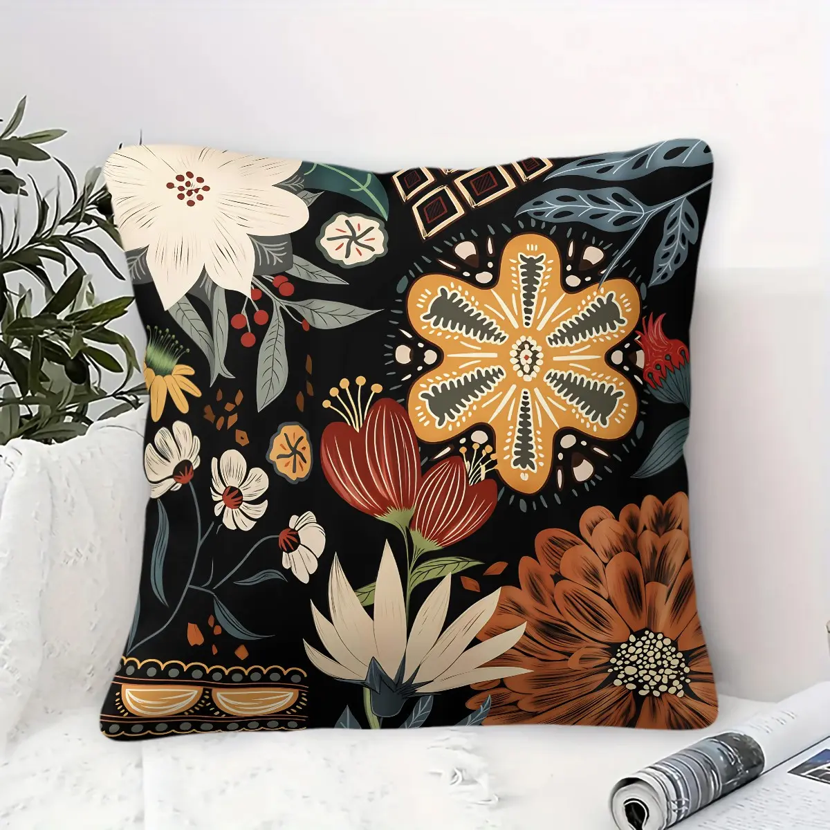 Vintage Boho Black Floral Throw Pillow, Earth Tone Wildflower Cushion Accent Pillow, Home Decorative Cushion, Includes Pillow Core, Soft Home Decor Pillows for Sofa Couch Bedroom, Perfect Gift for Women, Soft Cushions