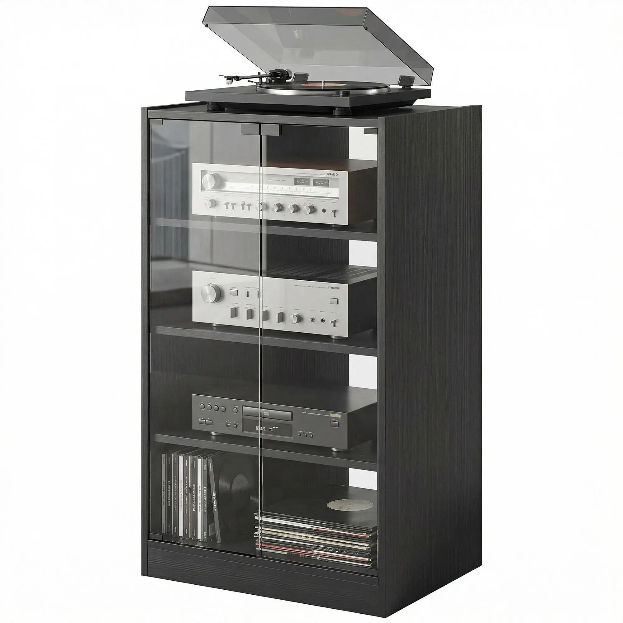 Media Cabinet 4-Tier Stereo for Vinyl Record Player Gaming Console AV Stand  Clutter-Free Cable Management Safe Sustainable Build Compact Multi-scene Storage 21.25" x 15.75" x 35.75"