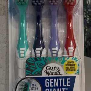 GuruNanda Gentle Giant Toothbrush with Dual Action Flossing Spiral Bristles - Ergo Dexa Grip - Helps in Teeth Whitening, BPA Free, (4 Count)